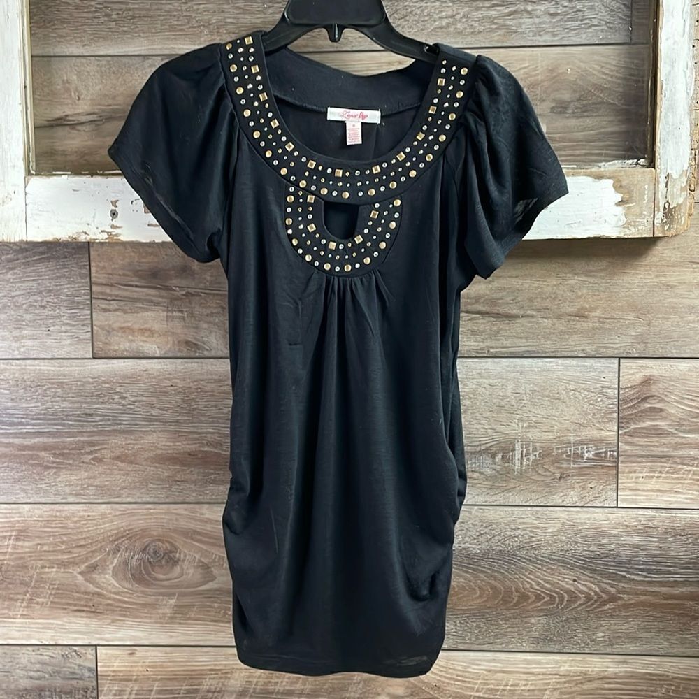 Lena Ladies Embellished Stud Embellished Neckline Top Size Small Black